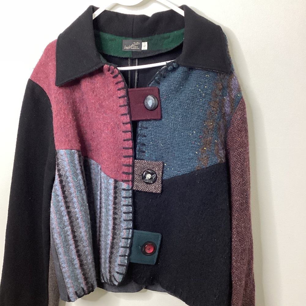 Baabaazuzu Vintage Wool Upcycled Jacket Large Patchwork Patchwork Blue Purple Wo